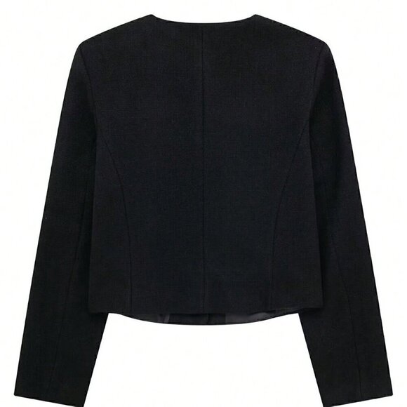 Black Elegant Women's Casual Tweed Jacket Decorated Long Sleeve Coat - Picture 8 of 8